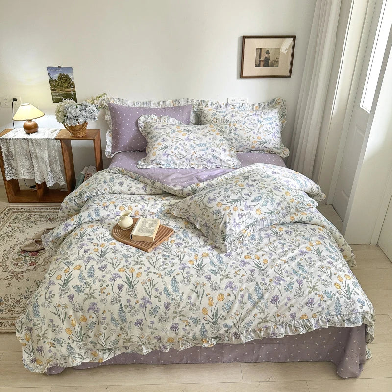 Decobites Floral Lace Ruffle Bedding Set, Fresh Flower Single Duvet Cover, 100% Cotton