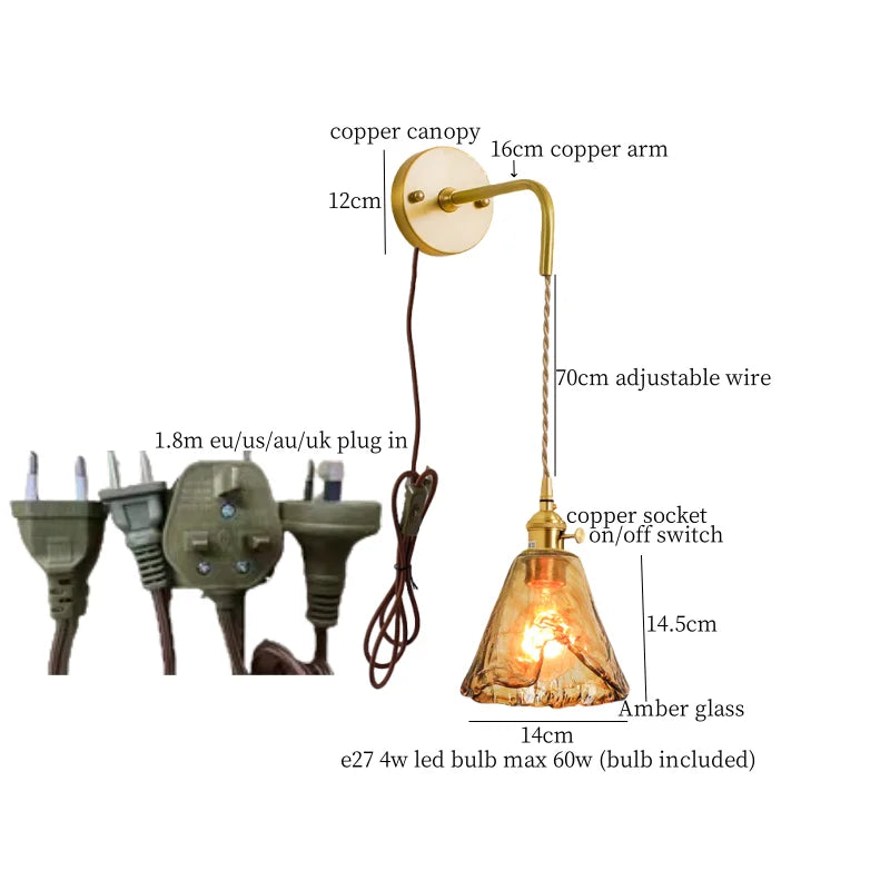 Amber Glass Wall Lamp Pull Chain Switch
