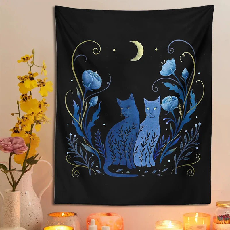 Decobites Moon Cat Tarot Tapestry: Psychedelic Wall Hanging for Hippie Home Decor