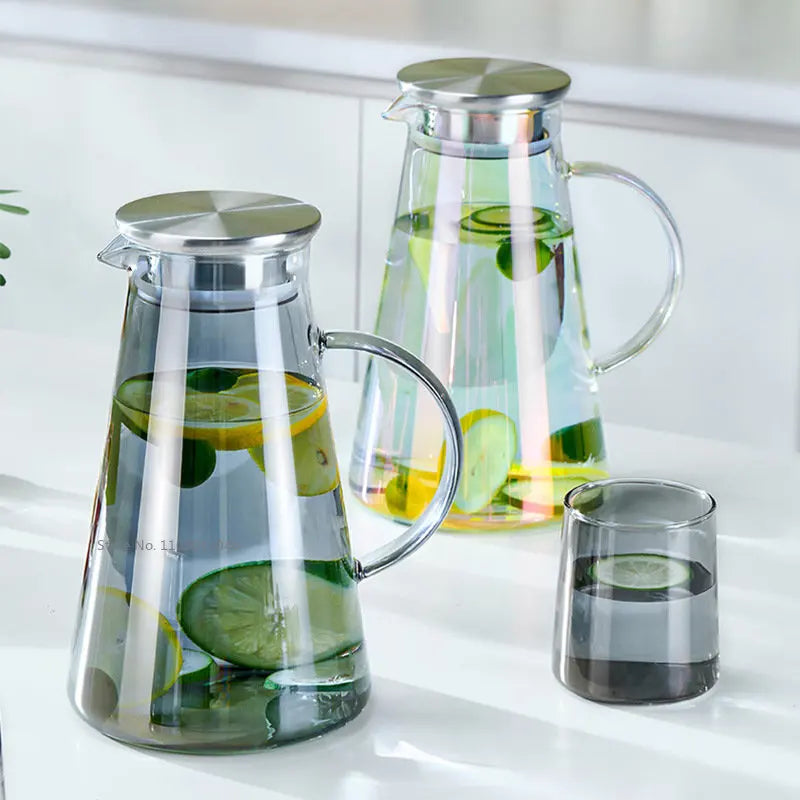 DecorBites™ Gray Glass Water Pitcher Cold Hot Kettle Juice Jug 1900ml