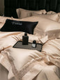 Decobites Luxury Lace Edge Bedding Set: Queen King Duvet Cover, Bed Sheet, Pillowcase