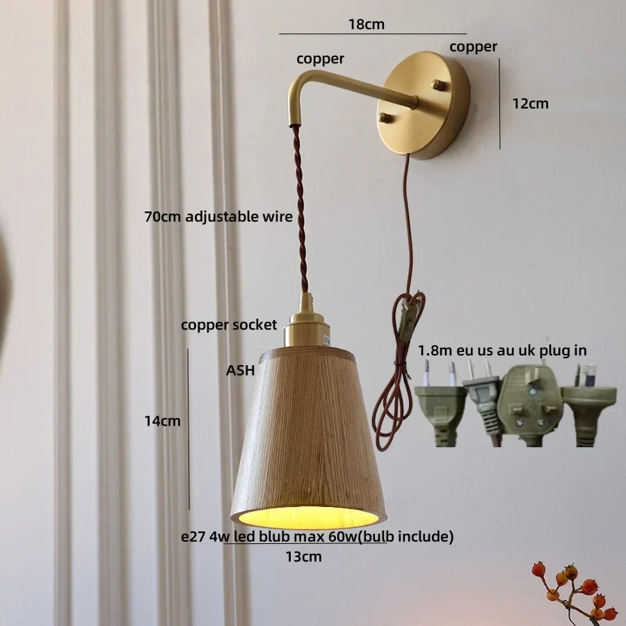 DecorBites™ Ash Wood LED Wall Lamp with Pull Chain Switch for Home Decor