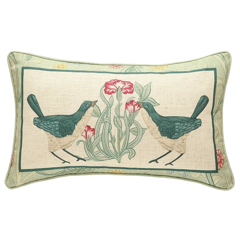 Funda de cojín lumbar DecorBites™ de lino francés con estampado de flores y pájaros, verde hada