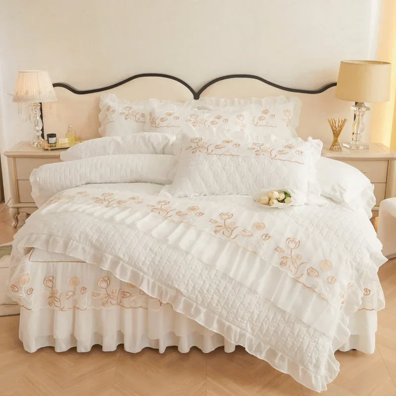 Decobites Quilted Embroidery Bedding Set with Lace Ruffles, Duvet Cover, Bed Skirt - Various Colors