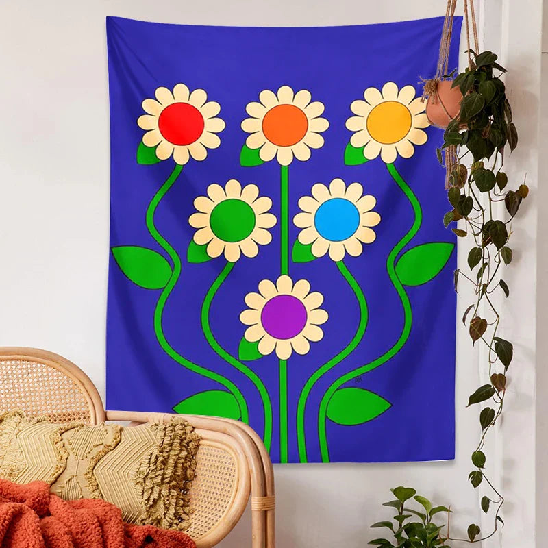 Decobites Blue Vintage Daisy Tapestry Wall Hanging Psychedelic Floral Home Decor Art