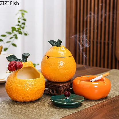 DecorBites™ Ceramic Ashtray: Orange & Lychee Design, Desktop Smoking Accessories, Portable Ash Tray