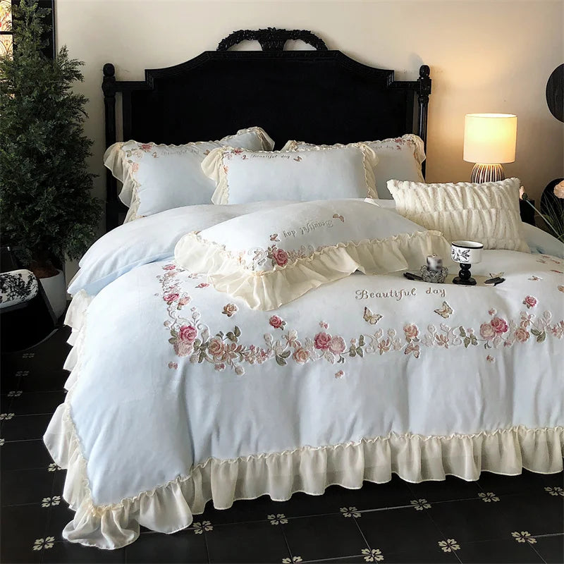 Decobites Rose Butterfly Embroidery Velvet Bedding Set with Lace Details