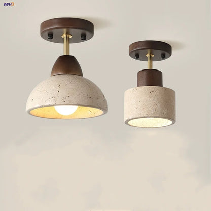 DecorBites™ Japan Style LED Ceiling Light Yellow Travertine Stone Wood Base Bedroom Luminaire
