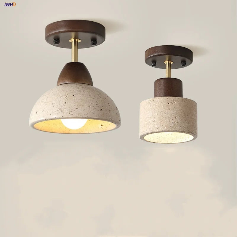 DecorBites™ Japan Style LED Ceiling Light Yellow Travertine Stone Wood Base Bedroom Luminaire.