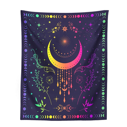 Decobites Celestial Moon Phase Tapestry with Floral Accents