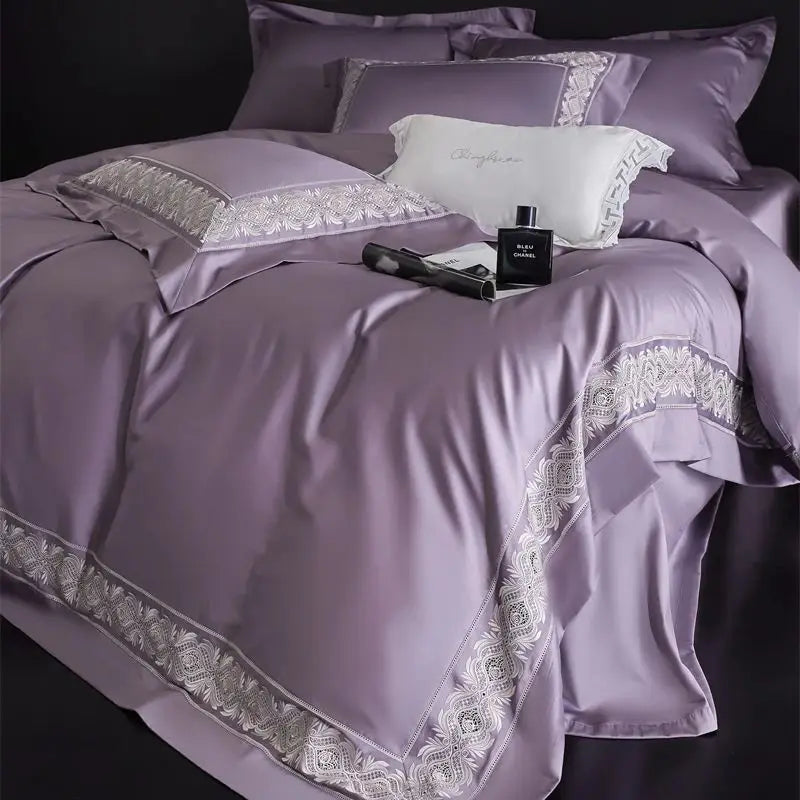 Decobites 1200TC Egyptian Cotton Lace Embroidery Bedding Set: 1 Duvet, 1 Sheet, 2 Pillowcases