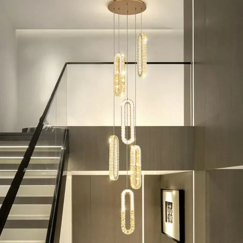 DecorBites™ Gold Crystal LED Chandelier: Modern Luxury Long Pendant Light for Living Room
