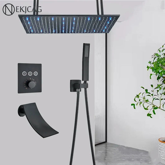 DecorBites™ LED Thermostatic Rainfall Shower System with Tub Spout Mixer Tap & Brass Head