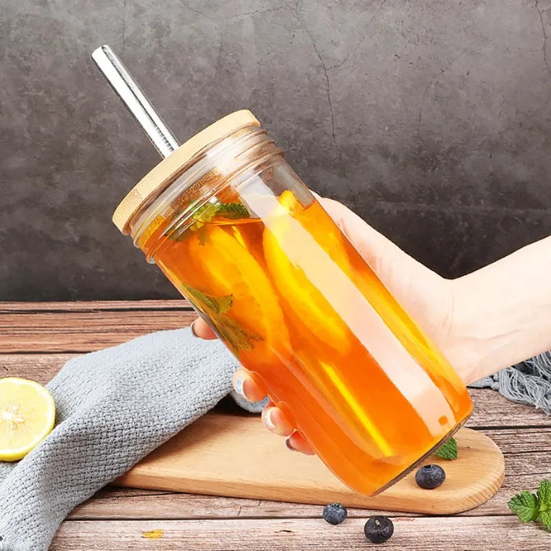 DecorBites™ Glass Boba Smoothie Cup with Bamboo Lid & Stainless Steel Straw