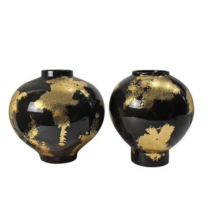 مزهرية خزفية من ديكوربايتس™ بنقشة ورق ذهبي - أصيص زهور مصنوع يدويًا لتزيين المنزل