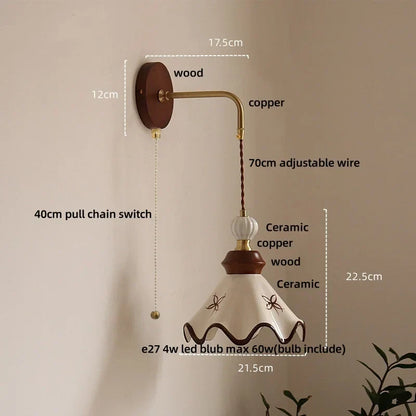 DecorBites™ Ceramic LED Wall Light Copper Pull Chain Wood Base Modern Bedside Lamp