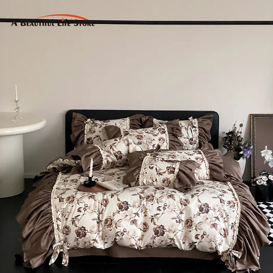 Decobites Brown Vintage Flowers Bedding Set - 4 Piece Collection