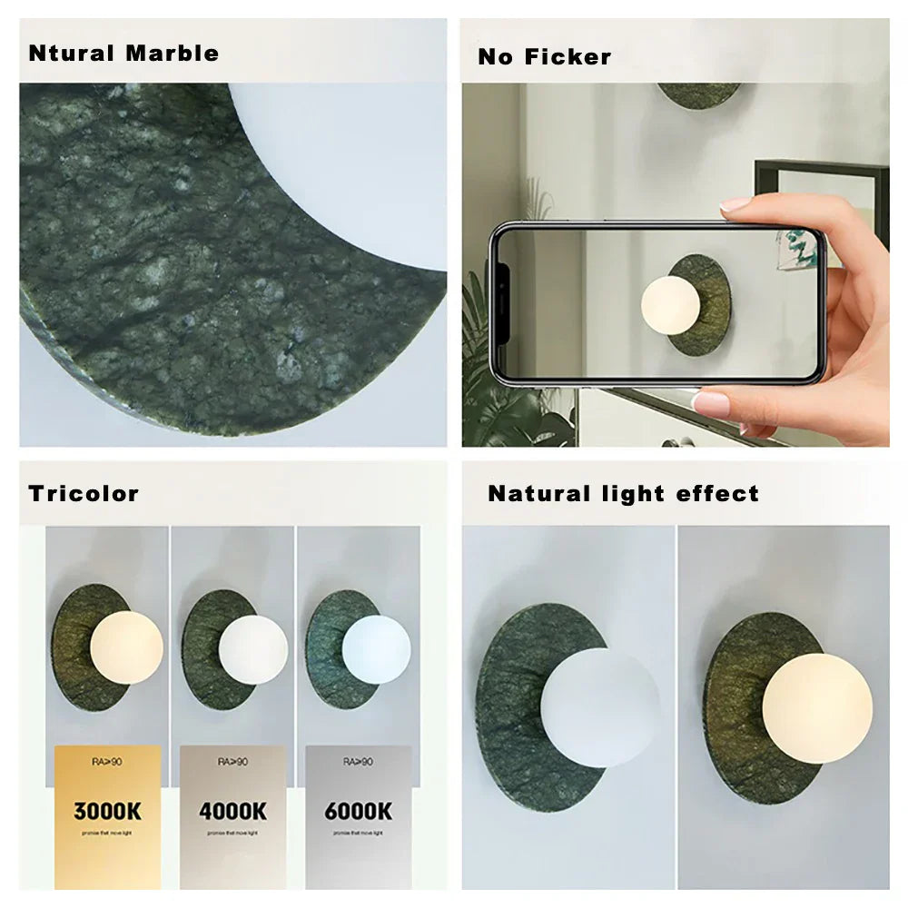 Lámpara de pared LED DecorBites™ de mármol verde para una decoración de sala de estar de lujo