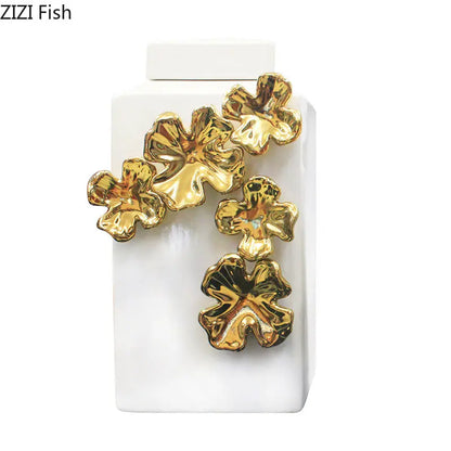 DecorBites™ Golden Flower Relief Ceramic Storage Jar for Desk Decoration and Jewelry Box