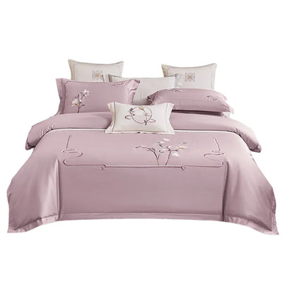 Decobites Pink Satin Jacquard Lotus Duvet Set 4Pcs Queen King Bedlinens