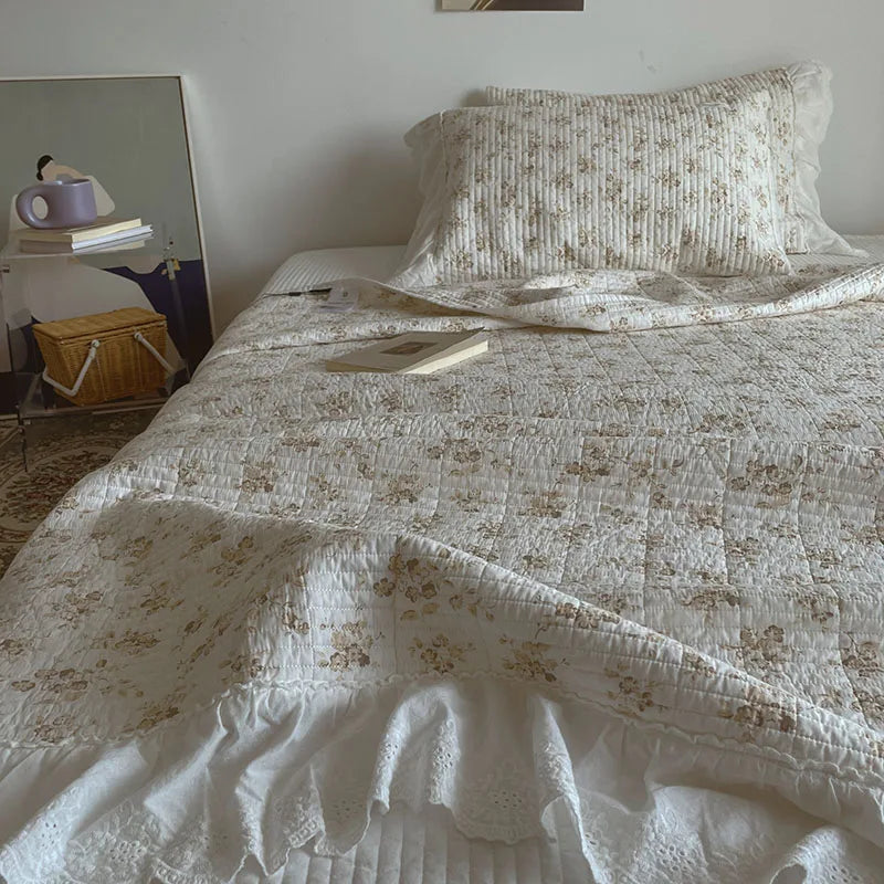 Decobites Floral Lace Ruffles Cotton Bedspread Set with Quilted Design & Pillowcases