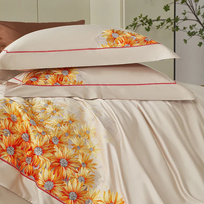 Decobites Sunflower Embroidery Bedding Set - Duvet Cover, Bed Sheet, Pillowcases Home Textiles