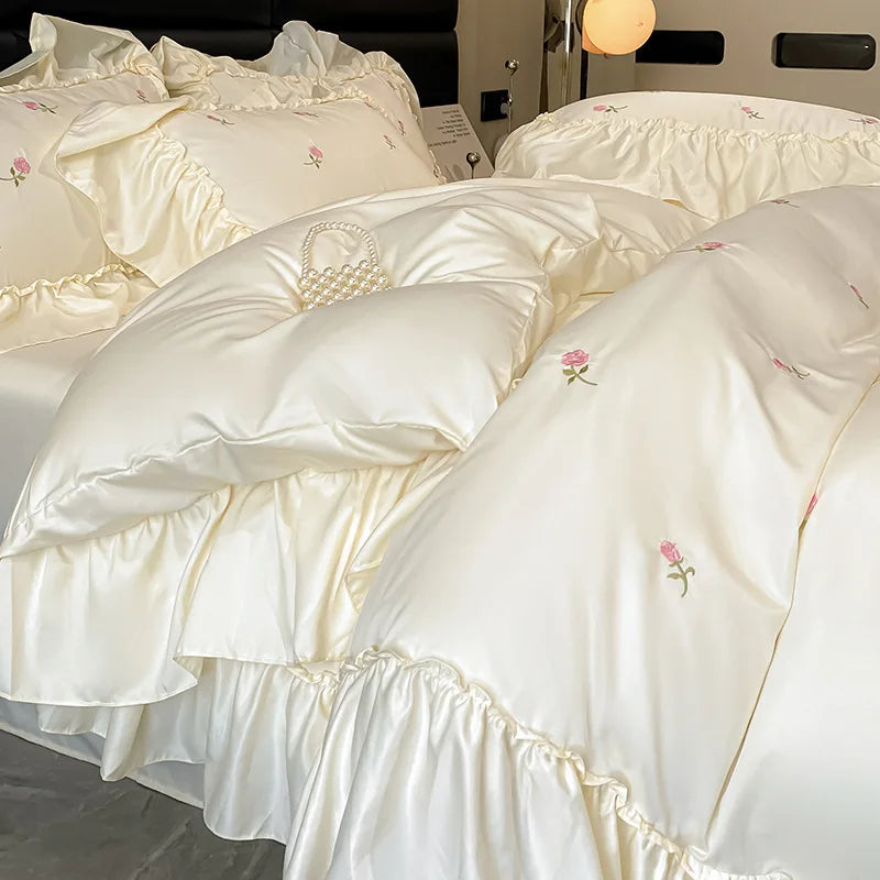 DecorBites™ Ice Silk Embroidery Bedding Sets: Luxury Rayon Duvet Set with Lace, Soft & Cozy
