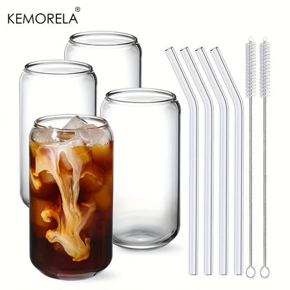 DecorBites™ Glass Drinking Glasses Set with Straws - 4-Piece Can Shaped Cups