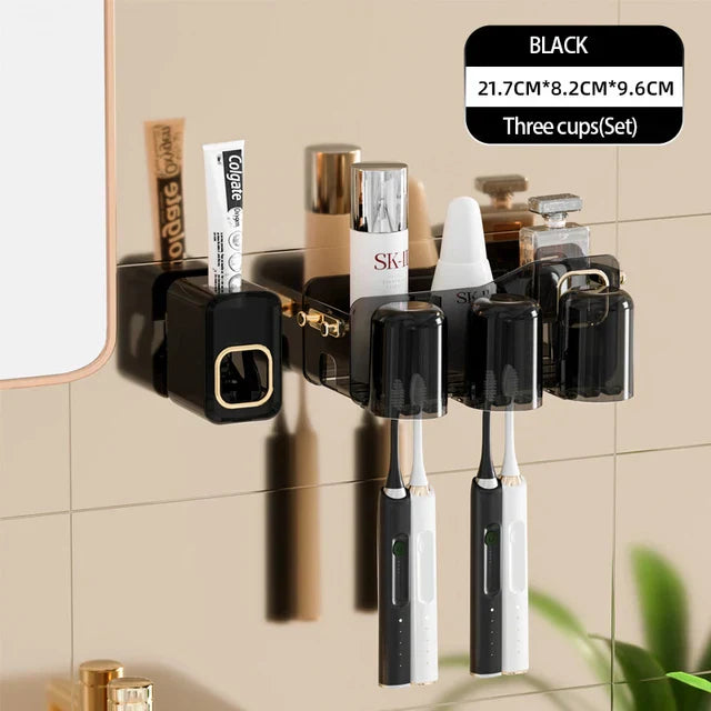 DecorBites™ Inverted Toothbrush Holder with Automatic Toothpaste Squeezer & Makeup Storage Rack
