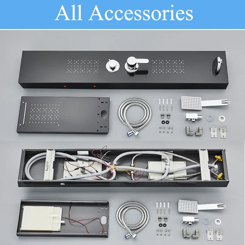 Panel de grifo de ducha DecorBites™ negro con LED, sistema de lluvia tipo cascada y caño de hidromasaje.