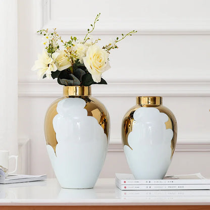 DecorBites™ Gold & White Ceramic Vase for Stylish Home Décor and Flower Display