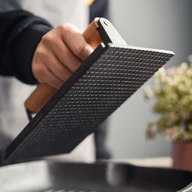 DecorBites™ Cast Iron Steak Press Plate with Wooden Handle - Rectangular Meat Press Tool