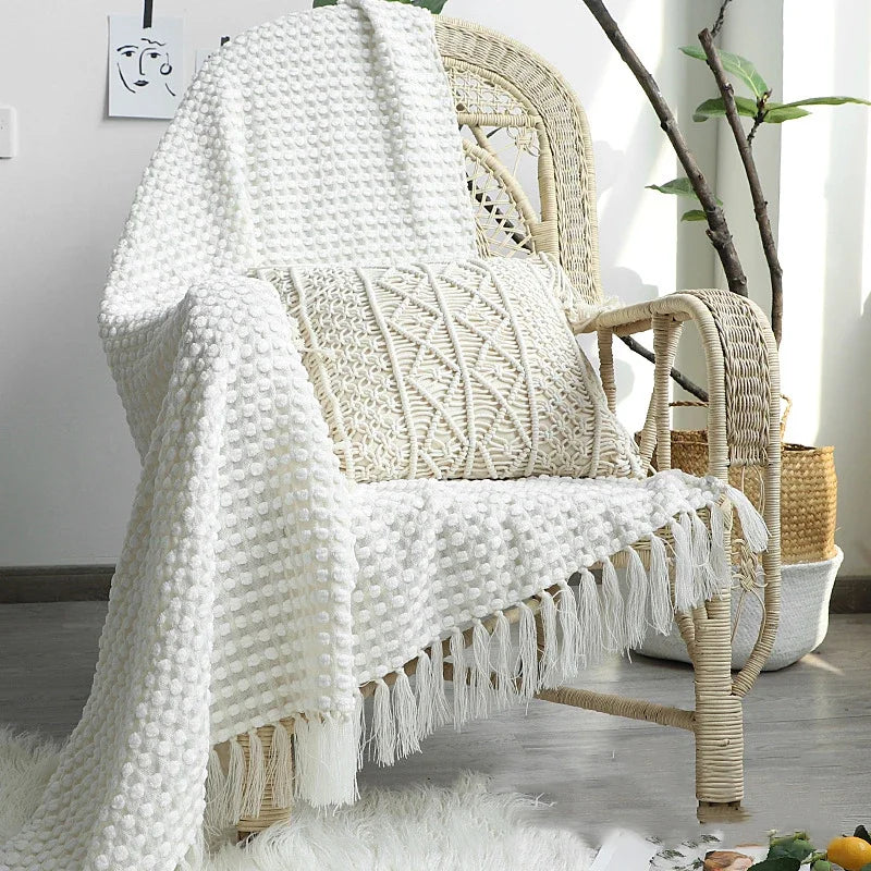 Manta Casual Blanca Nórdica Tejida Decorbites™ - Suave y Cómoda Cubierta para el Final de la Cama o Sofá para Decoración del Hogar y Viajes