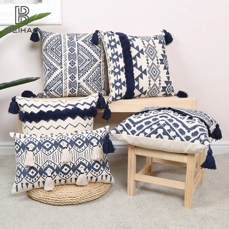 DecorBites™ Ethnic Geometric Printed Tufted Tassels Cushion Cover for Sofa Living Room