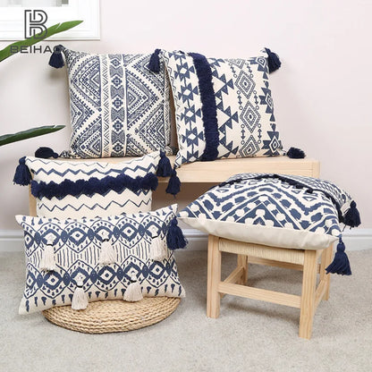 DecorBites™ Ethnic Geometric Printed Tufted Tassels Cushion Cover for Sofa Living Room