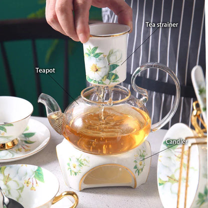DecorBites™ Camellia Floral Tea Set Bone China Glass Teapot & Ceramic Teacup Pot Strainer