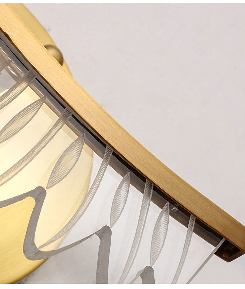 Gold-toned semi-flush mount ceiling light with clear glass shades featuring leaf-like etched patterns suitable as a nordic modern art wall lamp or modern art bedside lighting option.