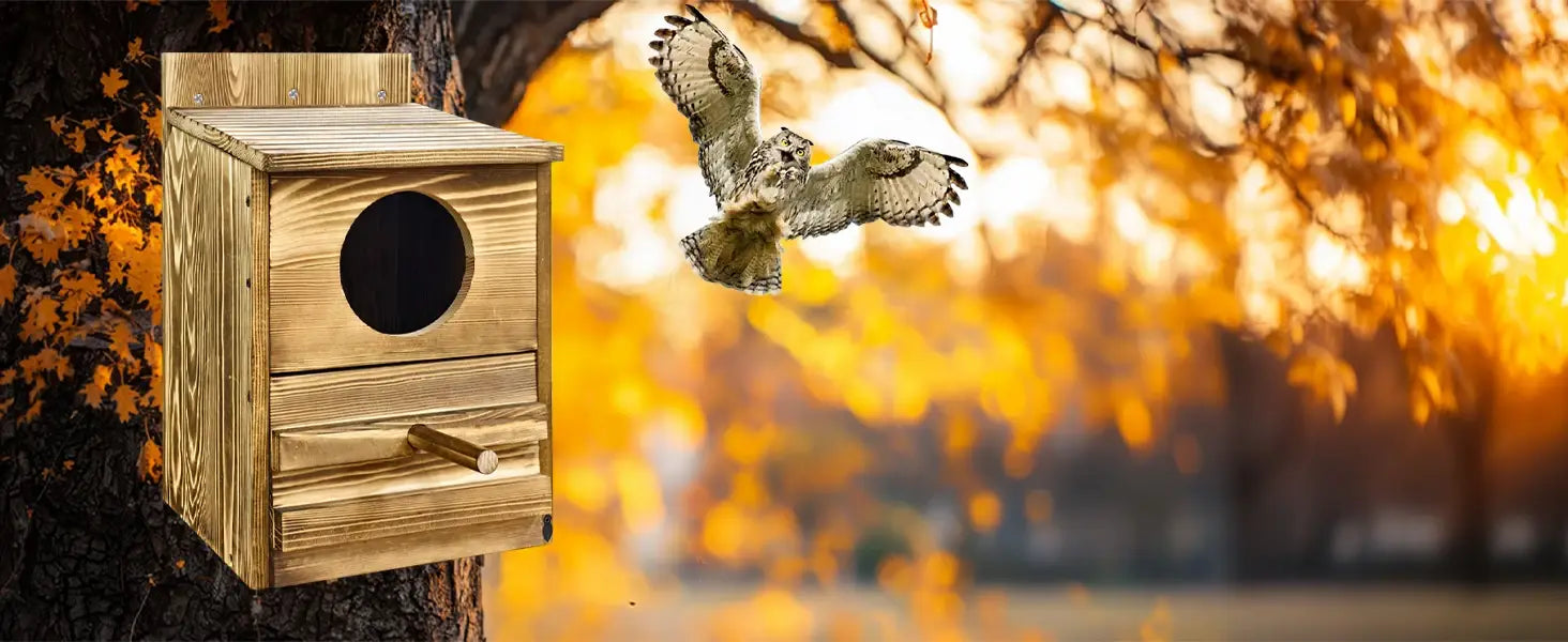 DecorBites™ Handmade Wooden Screech Owl House - Outdoor Nesting Box
