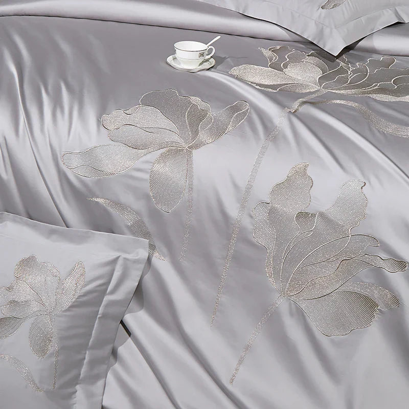 Decobites Luxury Flower Embroidery 1000TC Egyptian Cotton Bedding Set - 4Pcs