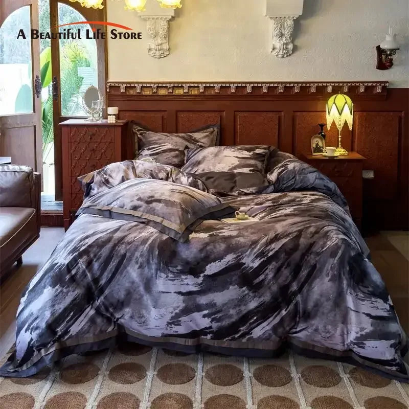 Decobites Vintage Digital Bedding Set 1000TC Egyptian Cotton Duvet Cover Set with Sheet & Pillowcases