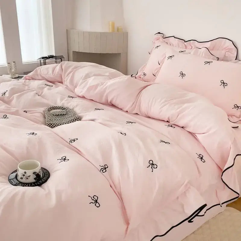 DecorBites™ Bow Embroidery Bedding Set with Ruffles