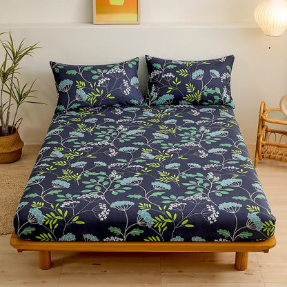 DecorBites™ Green Leaf Flower Fitted Sheet Set with 2 Pillowcases for All Seasons