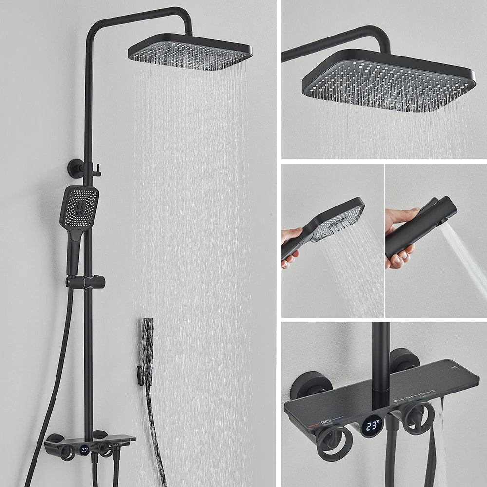 Juego de grifería termostática digital para ducha DecorBites™ gris con sistema de lluvia