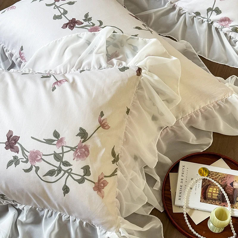DecorBites™ Lace Ruffles Princess Cotton Bedding Set, Floral Quilt Cover, Girls Wedding Home Textiles