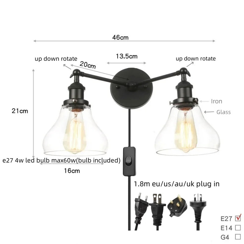 DecorBites™ Black LED Wall Sconce 2-Head Lamp for Bedroom Bathroom Mirror