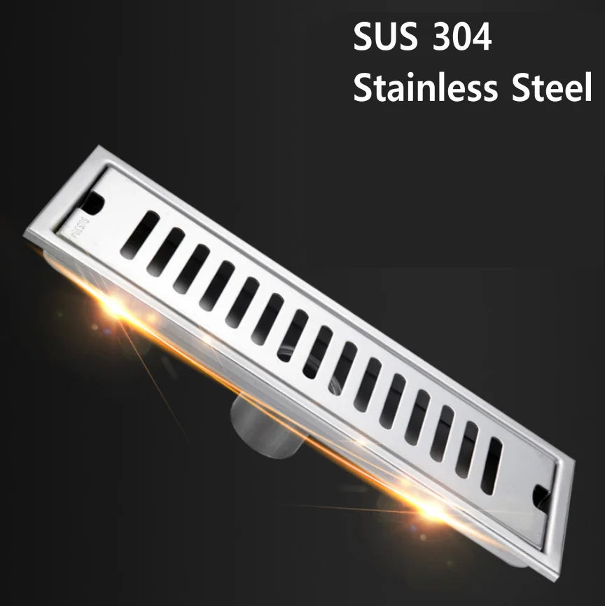 DecorBites™ Black 304 Stainless Steel Strip Floor Drain for Toilet, Shower, Large Overflow