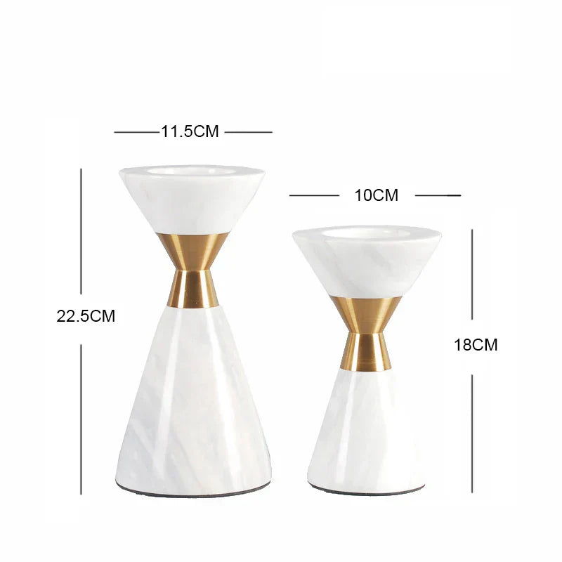 DecorBites™ Golden Metal & White Volakos Marble Wedding Candlesticks