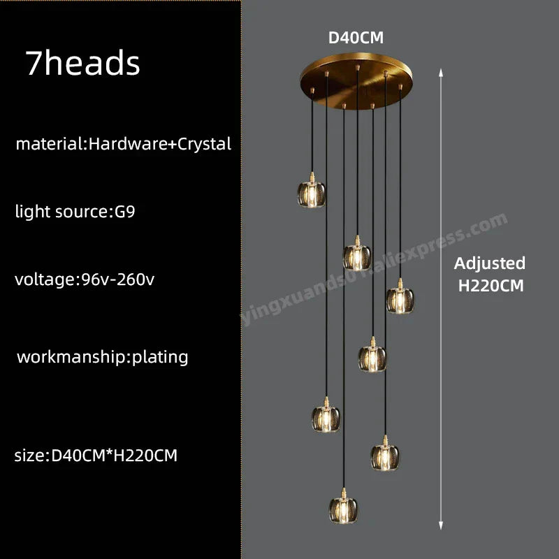 DecorBites™ Black & Gold Crystal Chandelier LED Pendant Light Fixture Loft Staircase Lighting