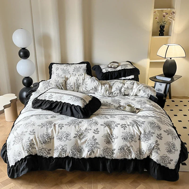 Decobites French Vintage Black Ruffles Duvet Cover Set with Pillowcases, Nordic Luxury Flowers Plant Bedding Set