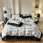 Decobites French Vintage Black Ruffles Duvet Cover Set with Pillowcases, Nordic Luxury Flowers Plant Bedding Set